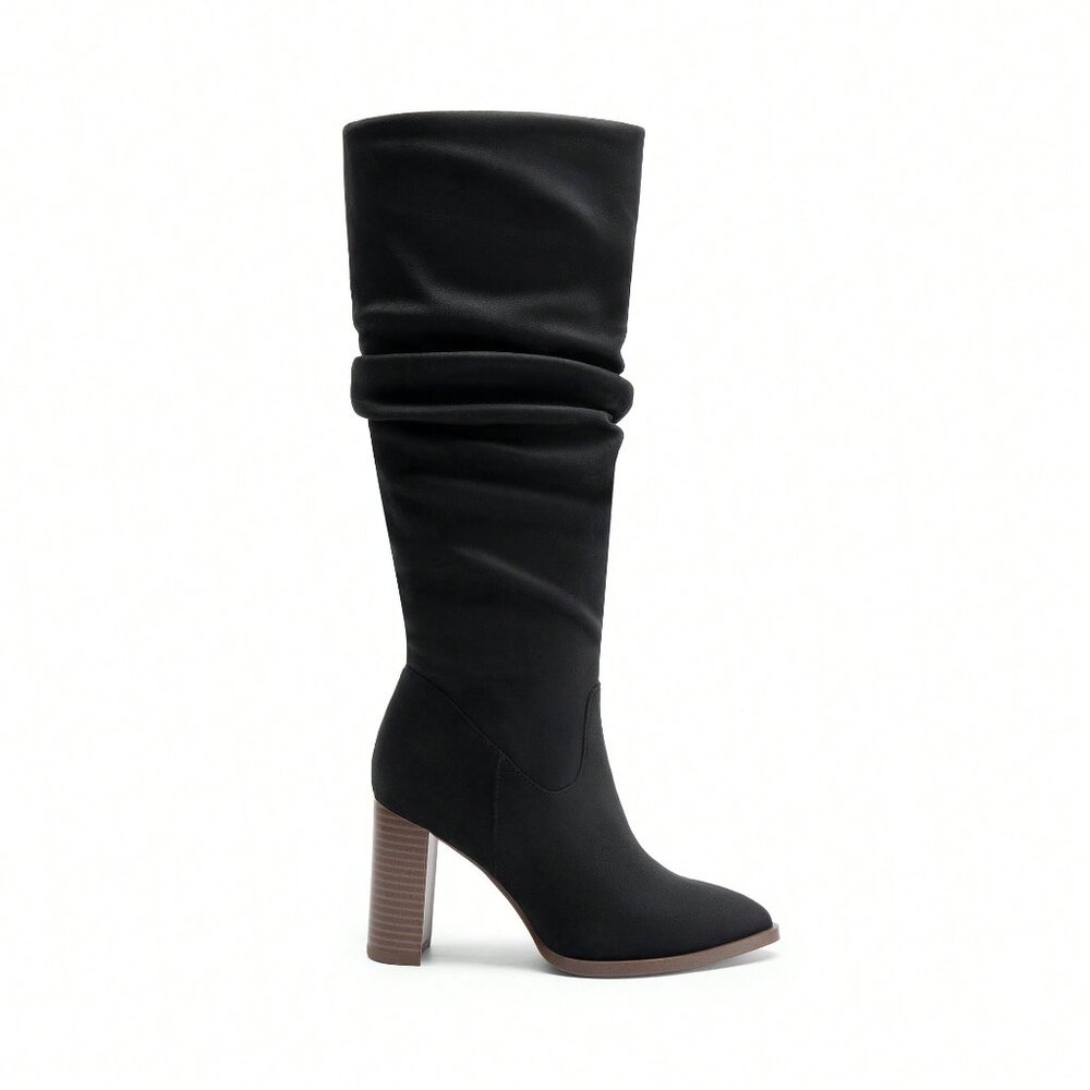 Black Elegant Women's Knee-High Pointed Toe Chunky Block Heel Suede With Side Zi - Picture 5 of 10